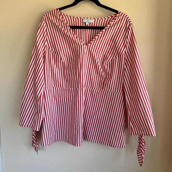 Universal Standard for J. Crew Top Striped Red White Zip Tie 3/4 Sleeve Sz L - Picture 3 of 8